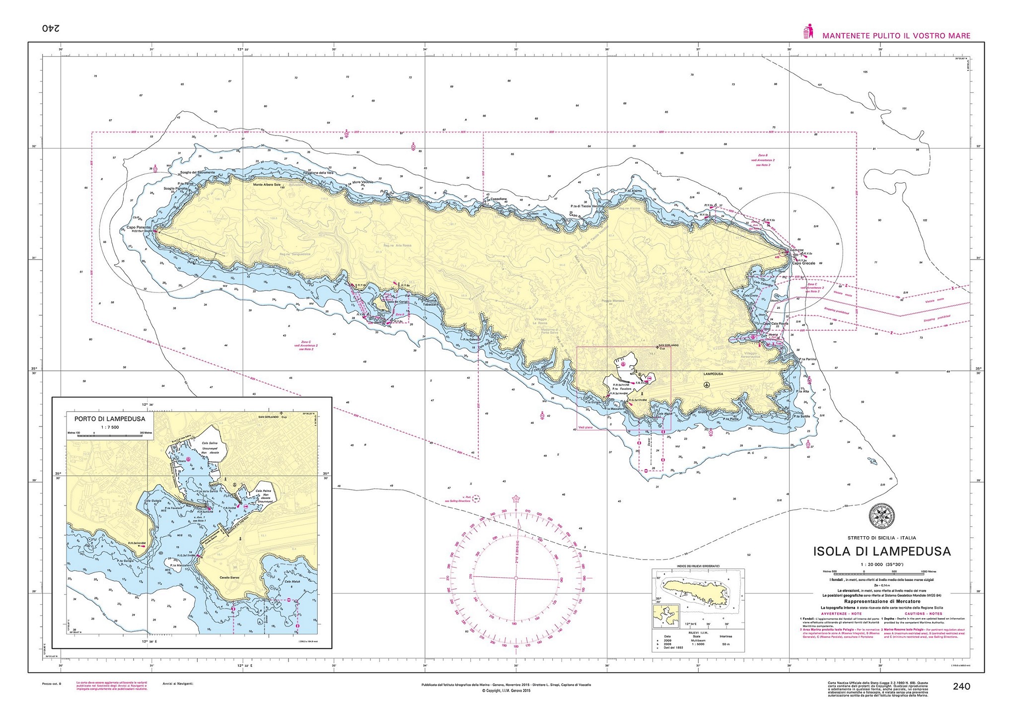 Official nautical chart of Lampedusa showing the coastline, coves, harbour and surrounding waters